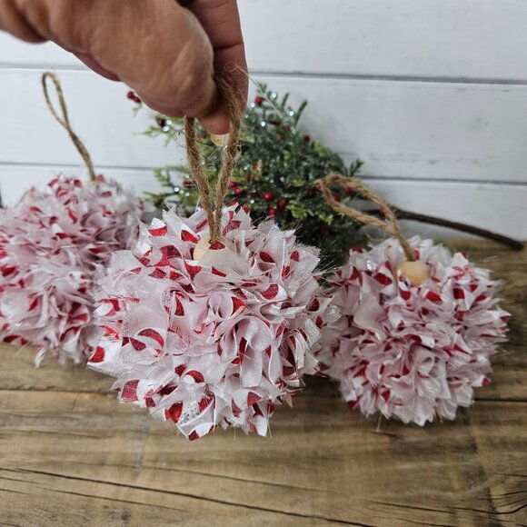 Hand Crafted Boho Shabby Chic Rag Red White Tree Ornaments Set of 3 - Picture 5 of 6